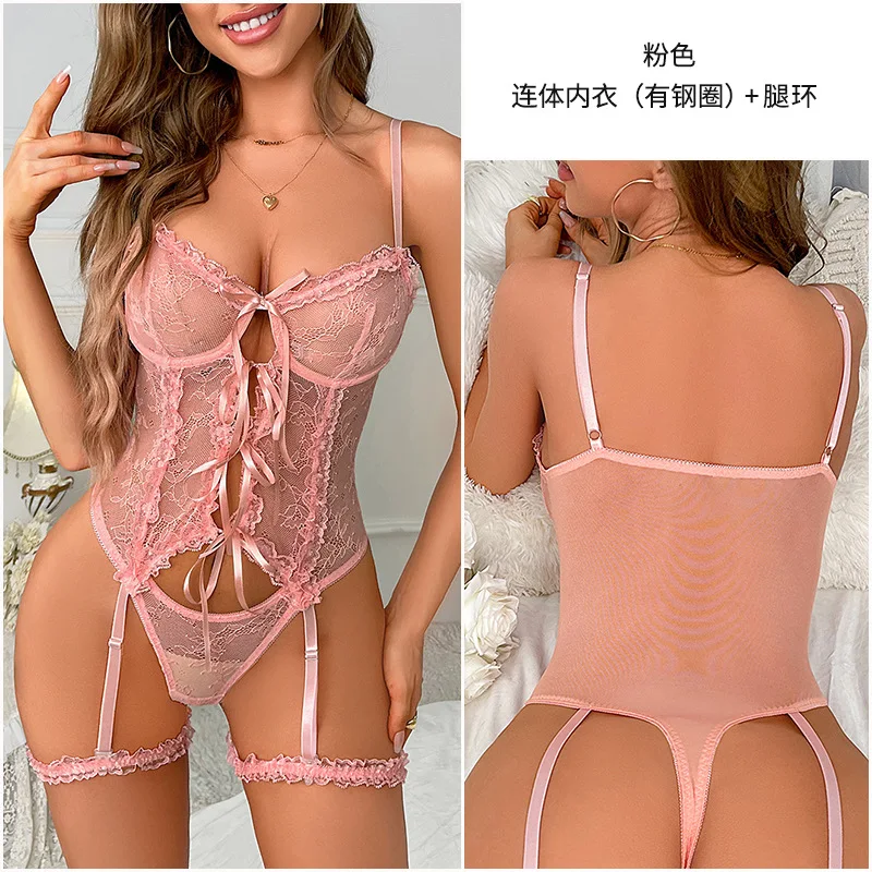 

Sexy Lingerie Shaping Tight Fitting Jumpsuit Wooden Ear Lace Bow Tie Perspective Outfit Two-piece set