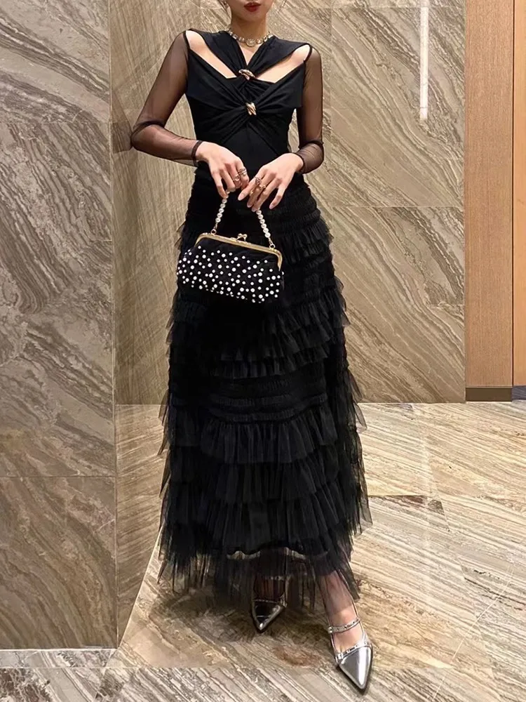 TWOTWINSTYLE Patchwork Mesh Dresses For Women V Neck Long Sleeve High Waist Hollow Out Solid A Line Elegant Dress Female Fashion