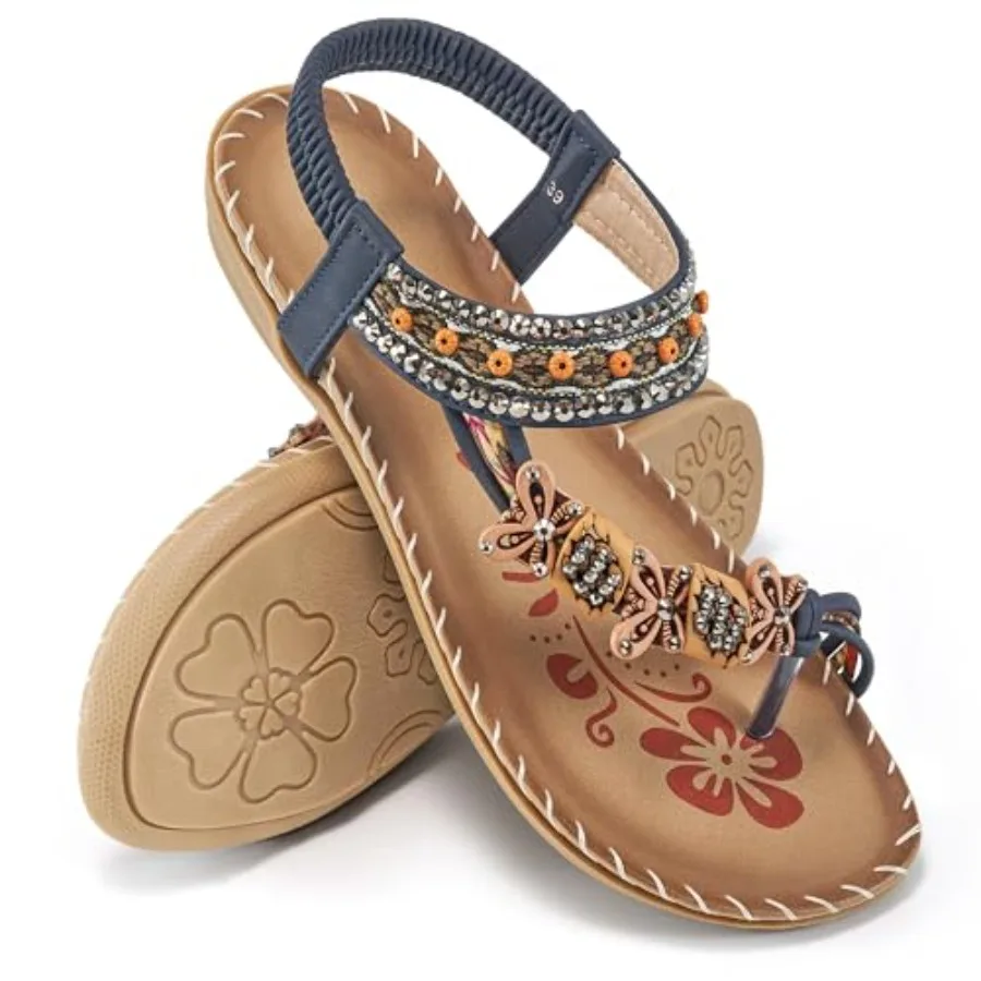 Ablanczoom Flat Sandals for Women Summer: Casual Boho Beaded Toe Ring Dress Shoes - Comfortable Vacation Daily Walking Shoes