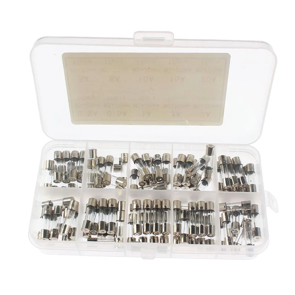 100pcs 5*20mm Fuses 250V Quick Blow Glass Fuse Assortment Kit 0.2A 0.5A 1A 2A 3A 5A 8A 10A 15A 20A