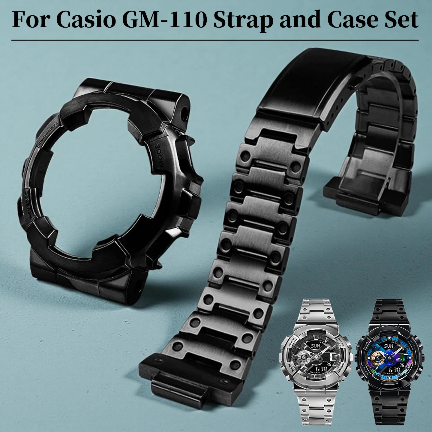 Custom-made stainless steel bracelet and metal case for the Casio G-Shock GM-110 “Little Cannon” watch—complete set