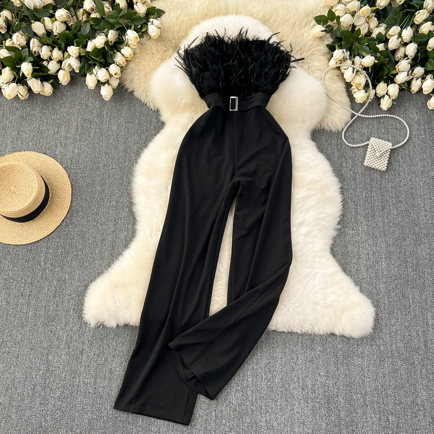 Ceremonial Dress 2024 Summer New Celebrity Jumpsuit Sexy Feather Spliced High Waist Bra Slim Fit jumpsuit