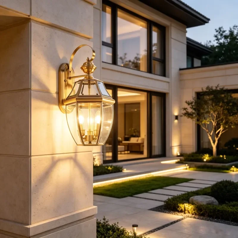 Factory Brass LED Wall Light E14 3 Heads Glass Lantern Outdoor Garden Decoration Wall Lamp