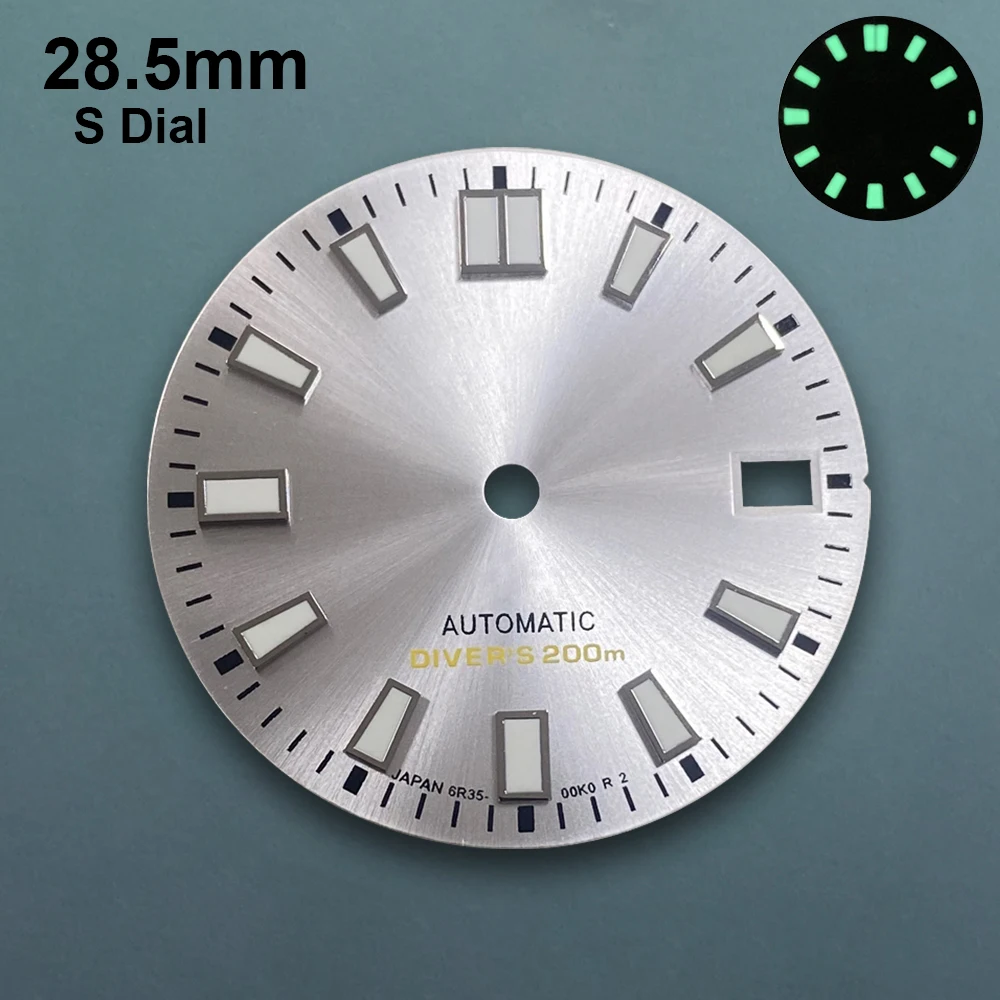 28.5mm S Logo Sunburs Dial Fit NH35/NH36 Japan Movement Green Luminous Dive High Quality Dial Watch Modification Accessories