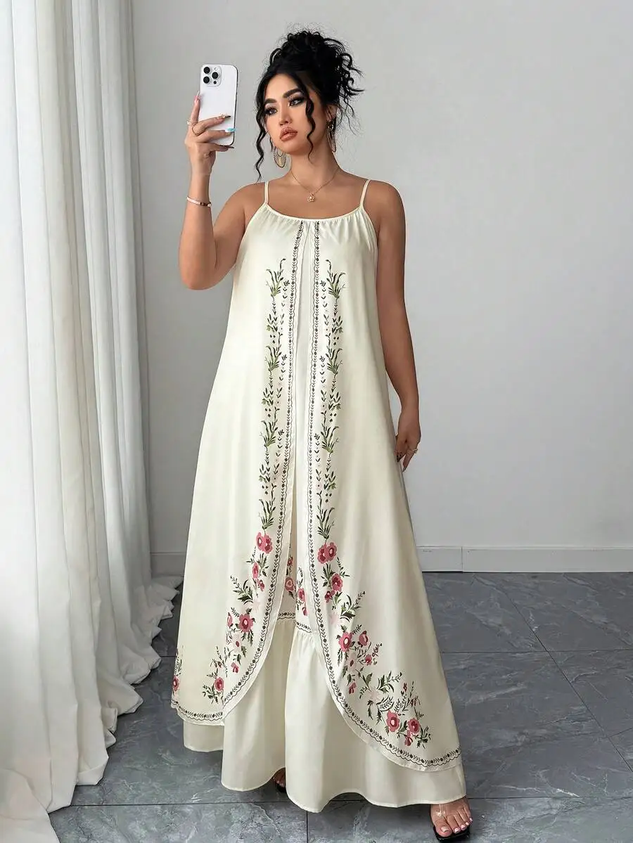 

Cream Floral Embroidered Bohemian Maxi Dress with Layered Hem