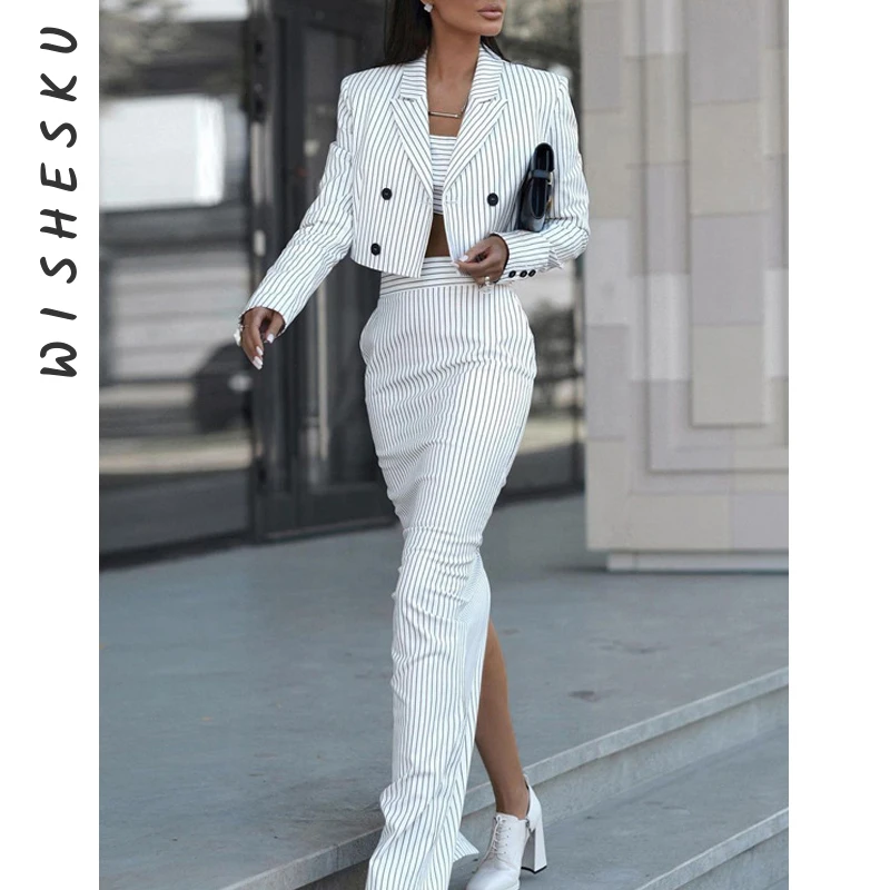 

Two Piece Set Women Striped Print Elegant Outfits Casual Long Sleeve Cropped Blazer Coat+High Waist Slit Long Skirt 2024 Spring