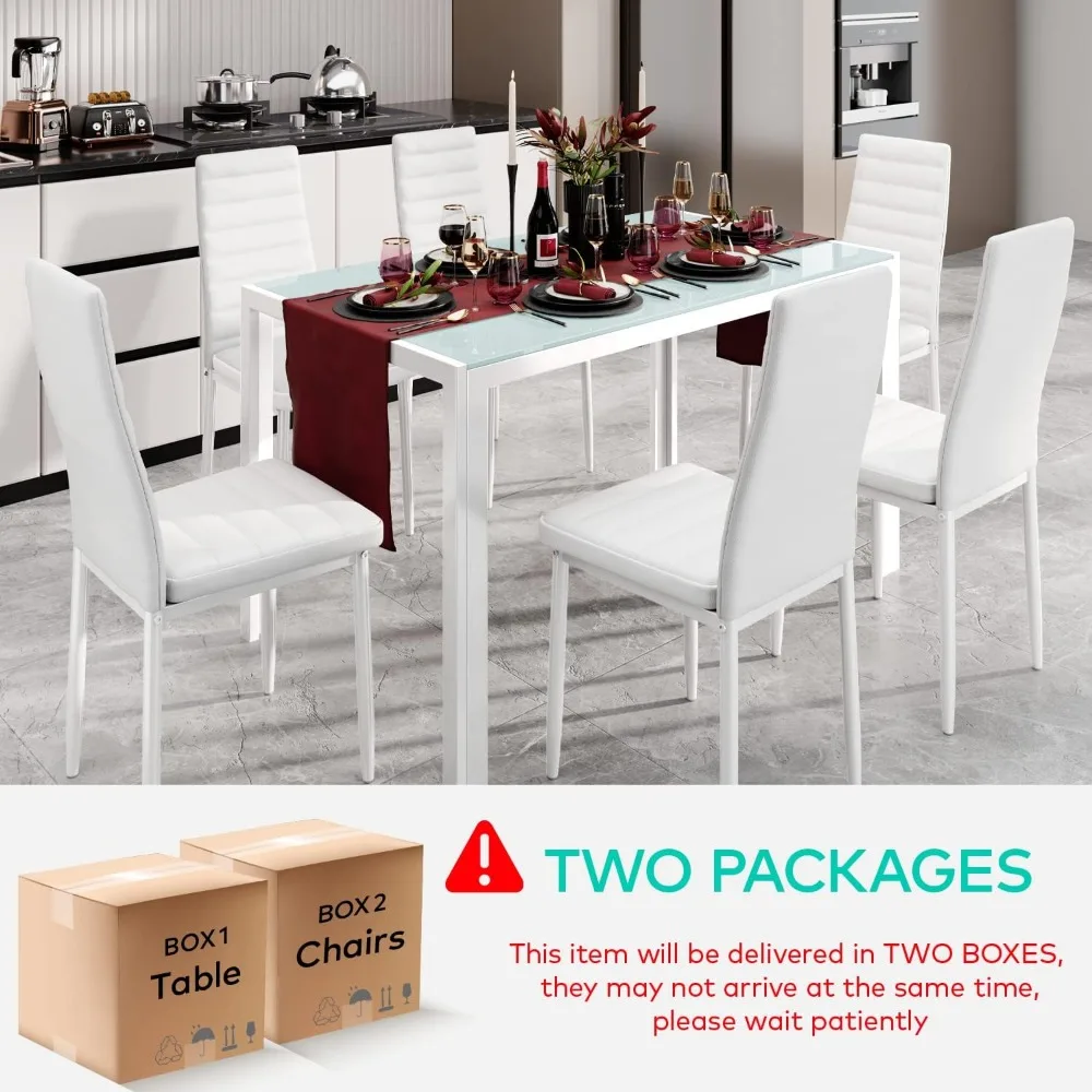 Glass Dining Table Sets for 6, 7 Piece Kitchen Table and Chairs Set for 6 Person, PU Leather Modern Dining Room Sets