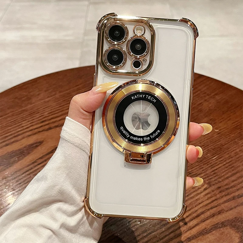 Premium Transparent Magnetic TPU Cover for iPhone 17 16 15 14 13 12 11 Pro Max 16 Plus 17 Air With Ring Stand Plated Clear Case - náhled 5