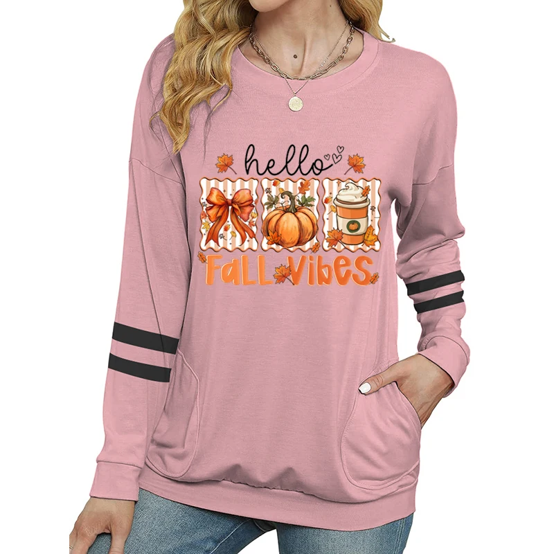 Outono temporada feminina manga longa camiseta outono vibrações gráfico camisetas macias de manga comprida outono abóbora novo design camisas femininas
