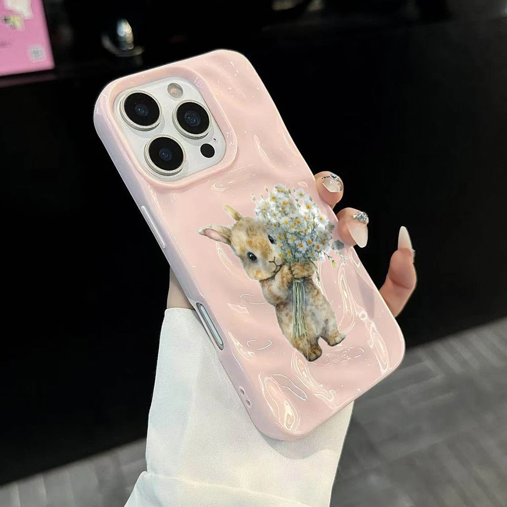 Niedliches Kaninchen mit Blumen Handyhülle für iPhone 17 16 15 14 13 12 11 Pro Max 14 Plus 17Air Falten-Wellen Weiche Silikonhülle – Detail 3