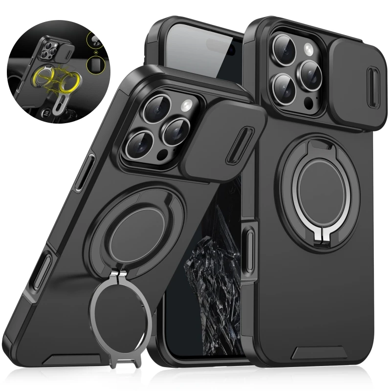 For Magsafe Magnetic Armor Case For iPhone 18 17 Air  16 15 14 13 12 11 Pro Max Plus Ring Holder Slide Camera Protect Cover
