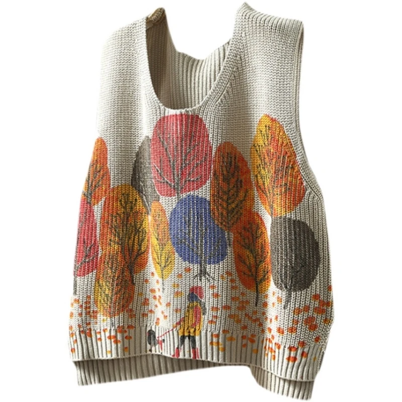 سترة محبوكة بطباعة فنية عتيقة للنساء، ملابس خارجية فضفاضة متعددة الطبقات بدون أكمام مع وسادات للكتف، تصميم عصري برقبة مستديرة...