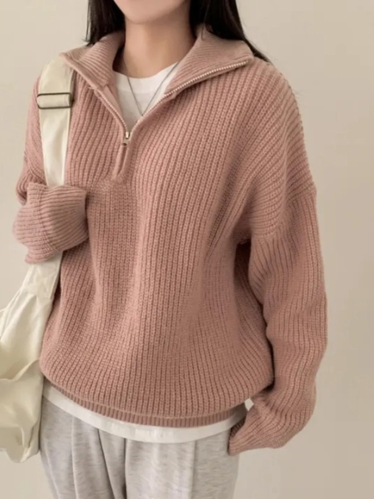 Thiened Knitted Sweater Coat Women's Loose f Zipper Large Collar Lazy Warm Top Faionable Commute Sle Long Sve