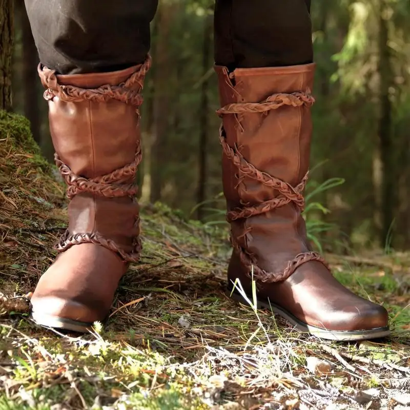 Retro Mittelalterliche Piraten-Cosplay-Stiefel für Männer, Halloween Gothic Bandage Ritterschuhe, Outdoor Geflochtene Schnürstiefel aus PU-Leder bis zur Wadenhöhe – Detail 4