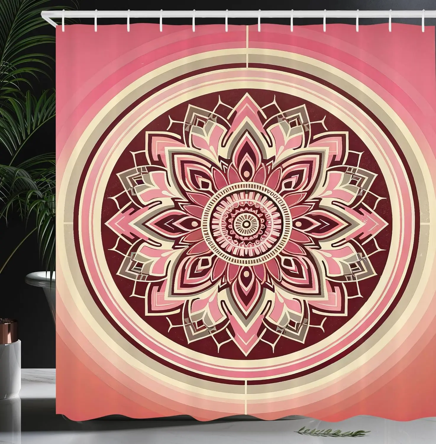 

Red Pink Mandala Flower Circular Pattern Shower Curtain Boho Artistic Bathroom Decor 180x180cm Dried Rose Peach