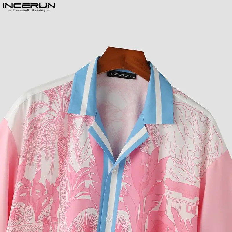 Men Casual Shirt Printing Patchwork Lapel Short Sleeve Loose Men Clothing Streetwear 2024 Fashion Leisure Shirts S-5XL INCERUN