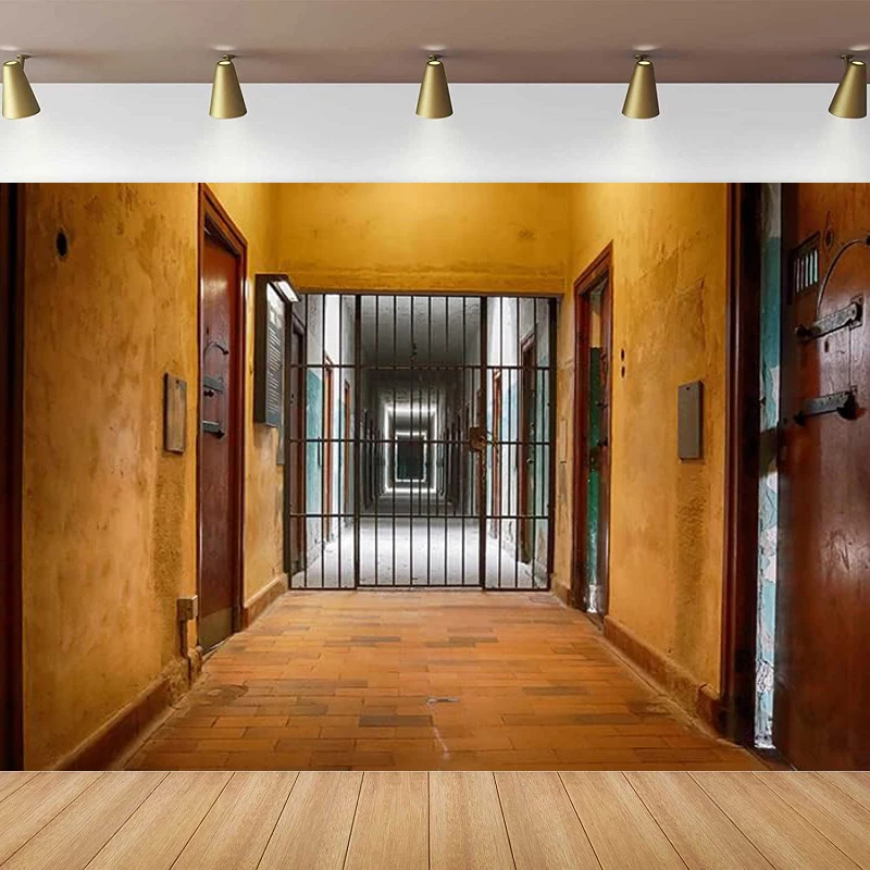 Prison Corridor Photography Backdrop Yellow Wall Brick Floor Jail Iron Fence Background Mugshot Crime Theme Birthday Party