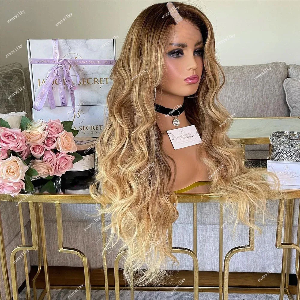 Ombre Golden Honey Blonde Loose Wave V Part 100% Human Hair Wigs Brown Side/Middle Open Wig Body Wavy U Shape Full Machine End