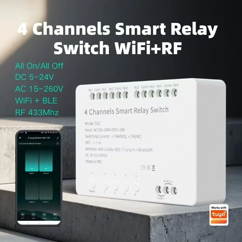 

Factory tuya Smart 4-Channel Switch with Four-Channel Wi-Fi + RF433 Remote Control Relay via APP