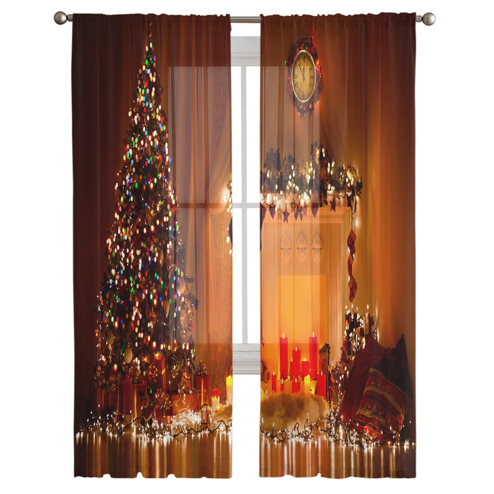 Christmas Tree Candles Clock Fireplace Tulle Curtains for Living Room Bedroom Voile Curtain Organza Sheer Balcony Window Drapes