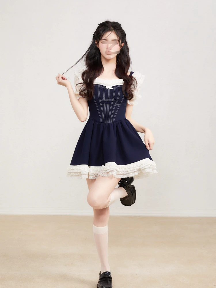 2023 Summer Elegant Lolita Dress Women Causal Slim Kawaii Y2k Mini Dress Female Lace Sweet One Piece Dress Korean Fashion Chic