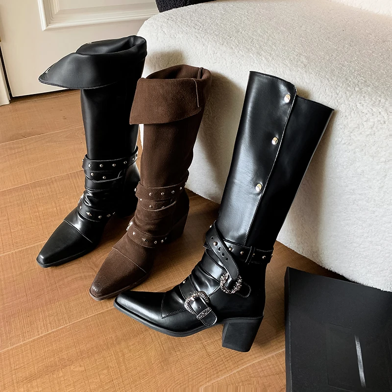 QUTAA 2025 News Western Women Knee High Boots Cowboy Genuine Leather Heels Fashion Woman Winter Cowgirl Long Shoes Size 34-39