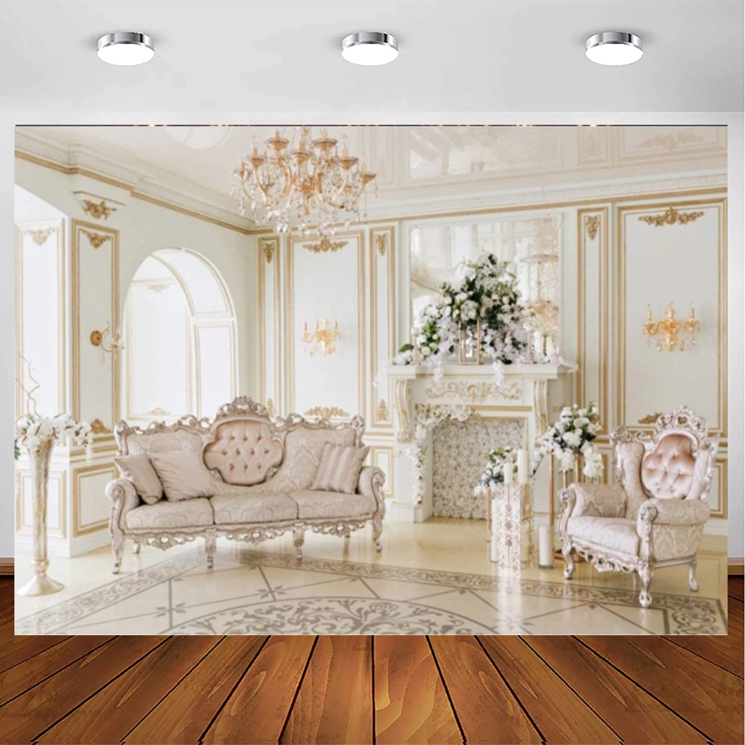 

Luxury Indoor Furnishing Photography Backdrop Royal Chandelier Chair Sofa Mantel Fireplace Flower Background Interior Decoration