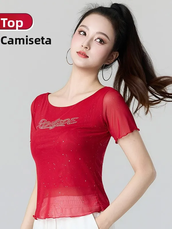 夏スクエアダンス服ラウンドネックメッシュシルバー散りばめ半袖トップ女性のダンスフィットネススポーツウェア光沢のある装飾