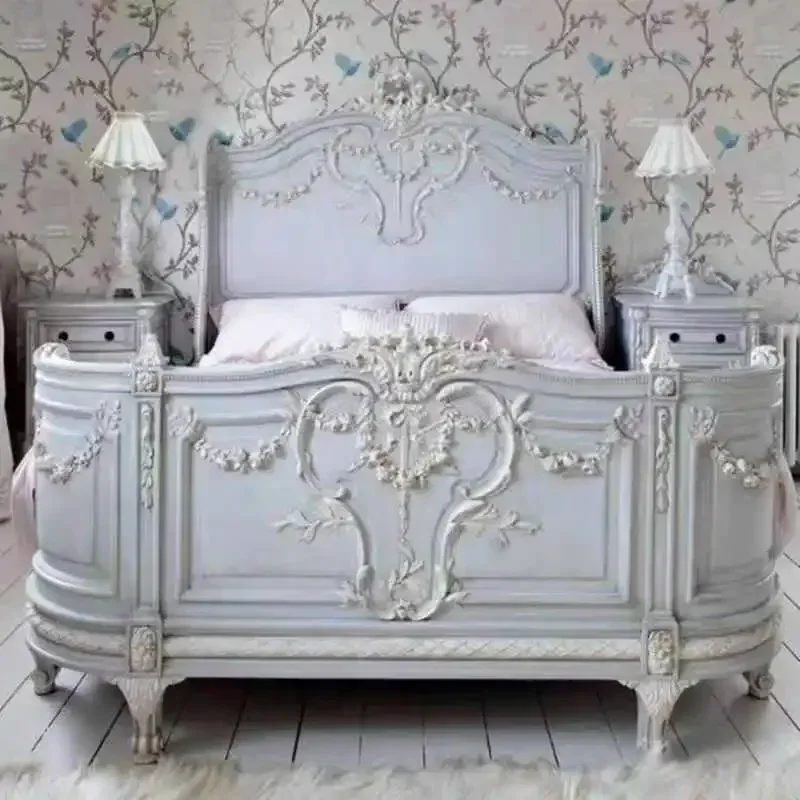 Solid wood carving flower European court double retro big American retro princess bed luxury high-end wedding bed