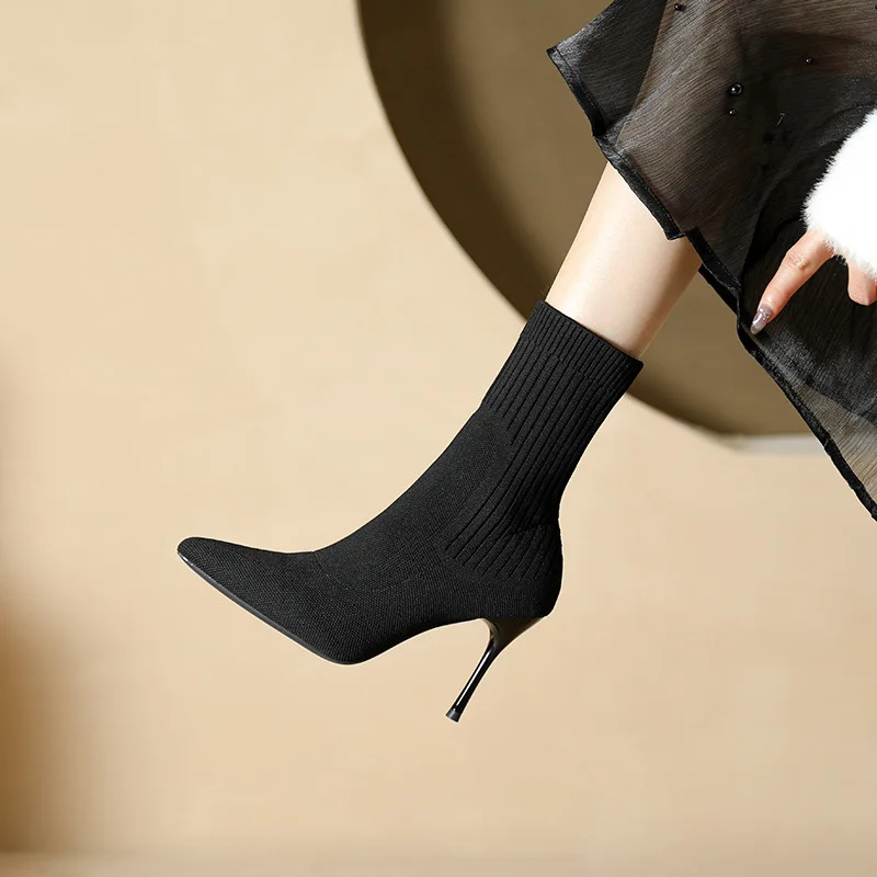 

Size 34-43 Pointed Stretch Boots Women's Thin Heel Middle Tube High Heel Socks Boot