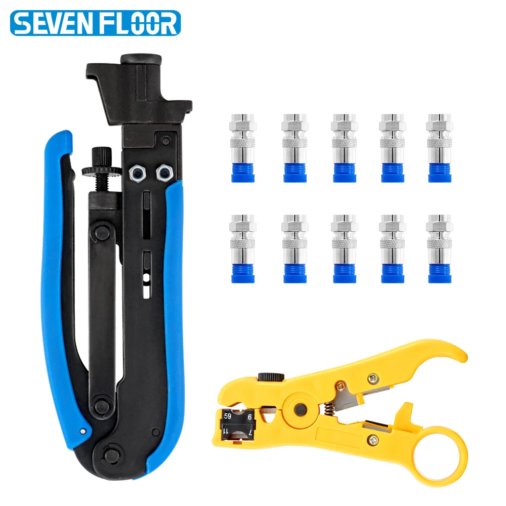 Kit de Herramientas para Pelar y Crimpar Cables Coaxiales RG6 RG59 RG11, Juego de Alicates para Crimpar con 10 Conectores de Compresión F RG6