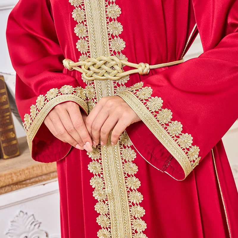 Gouden Borduren Vrouwen MuslimSimple Lange Jurk Lange Mouw Maxi Jurk Vrouwelijke Casual Arabië Gewaden V-hals Jurk voor Vrouwen