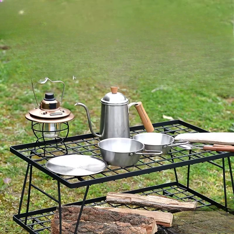

Outdoor camping folding mesh table metal drain rack multi-functional barbecue picnic storage coffee table thick mesh
