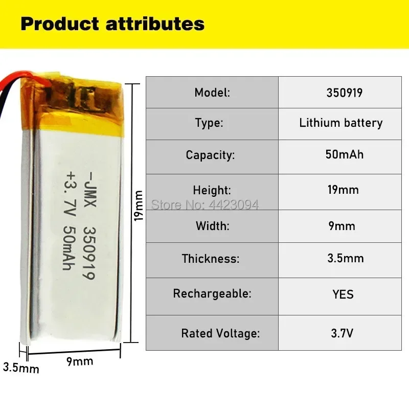 Bateria recarregável do polímero do lítio, 3.7V, 50mAh, 350919, para MP3, MP4, MP5, auriculares de Bluetooth, bracelete esperto