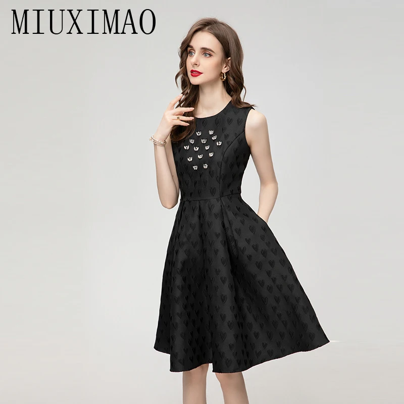 

MIUXIMAO 2024 Fashion Summer Women's Dresses O-Neck Retro Diamonds Love Jacquard A-LINE Sleeveless Mini Dress Female Clothing