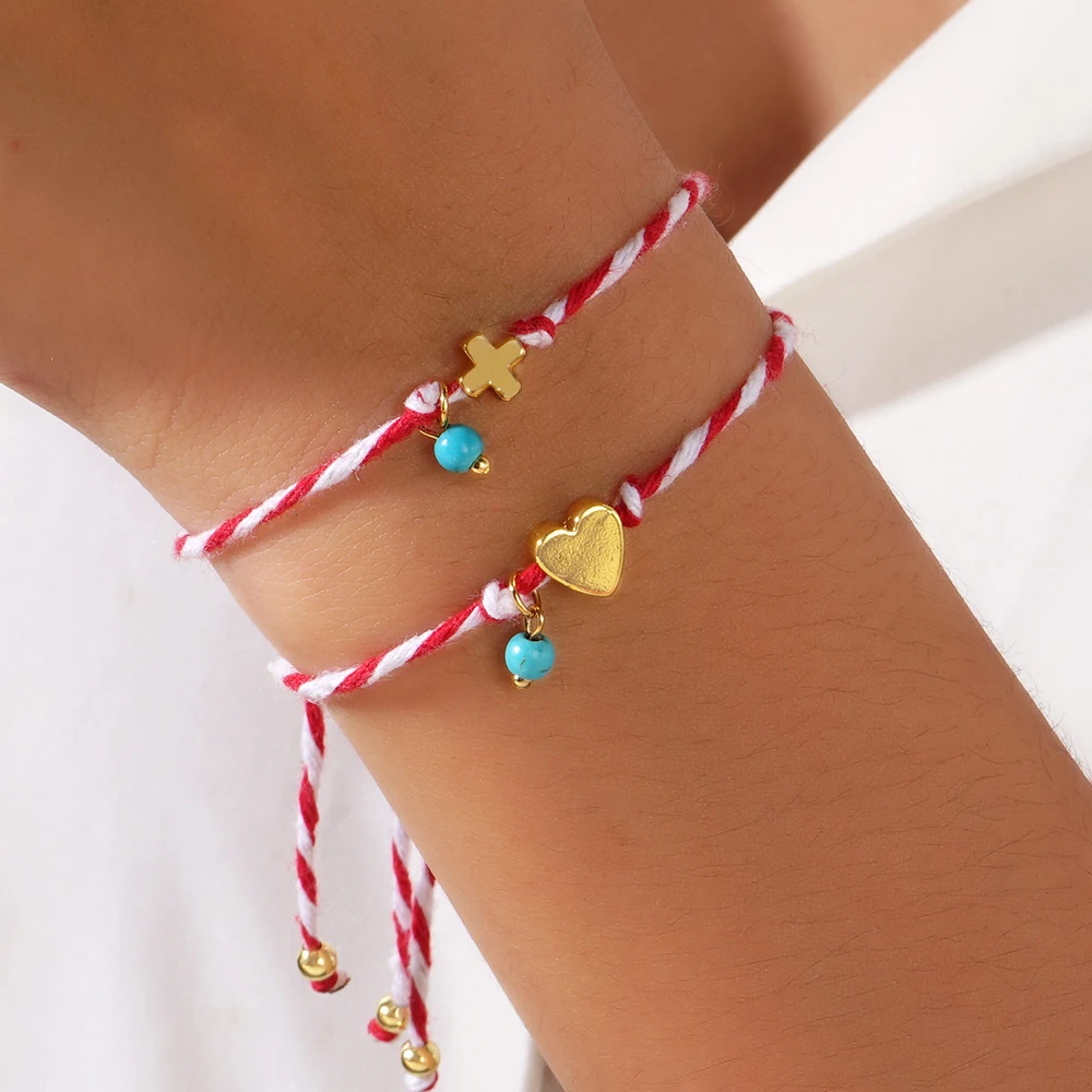 2PCS Martis Series Green Pine Copper Ball and Copper Metal Pendant 2024 Red and White Rope Bracelet Lucky Charm Bracelet