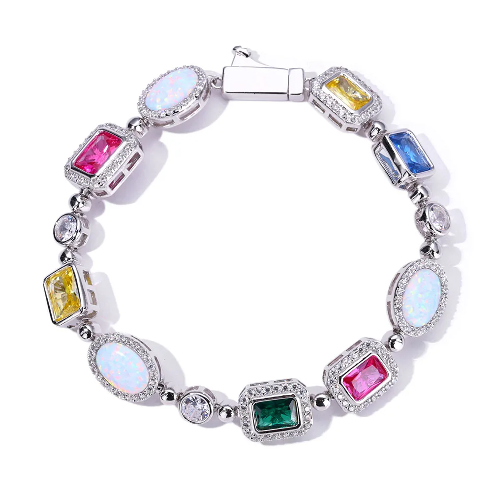 Hip Hop Rainbow Geometric Bling CZ Stone Chain Necklace Multicolor Round Oval Gemstone White Gold Plated Choker for Women Men image 3