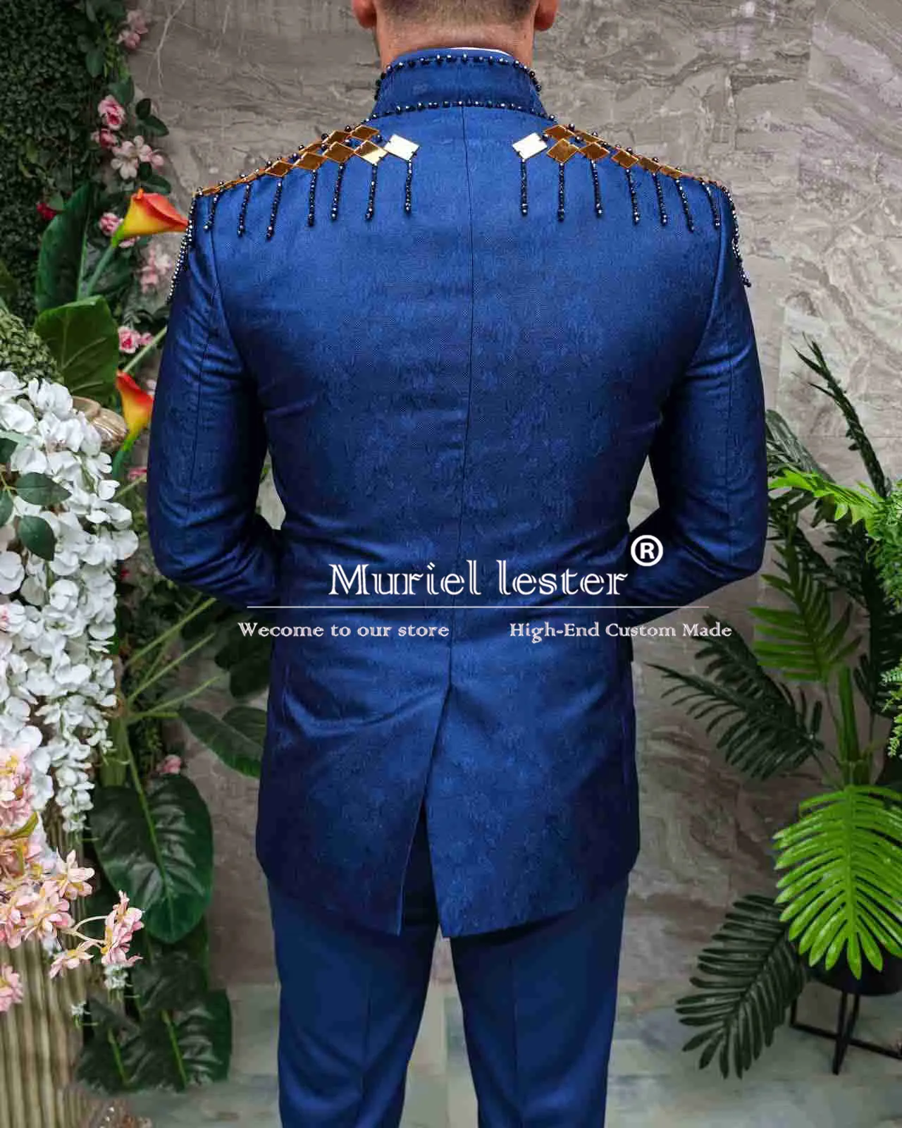 Blue Suits Men Elegant Ceremony Collection Gold Stone Beaded Groom Wedding Blazer Slim Fit Men\'s Tuxedos Bespoke Costume Homme