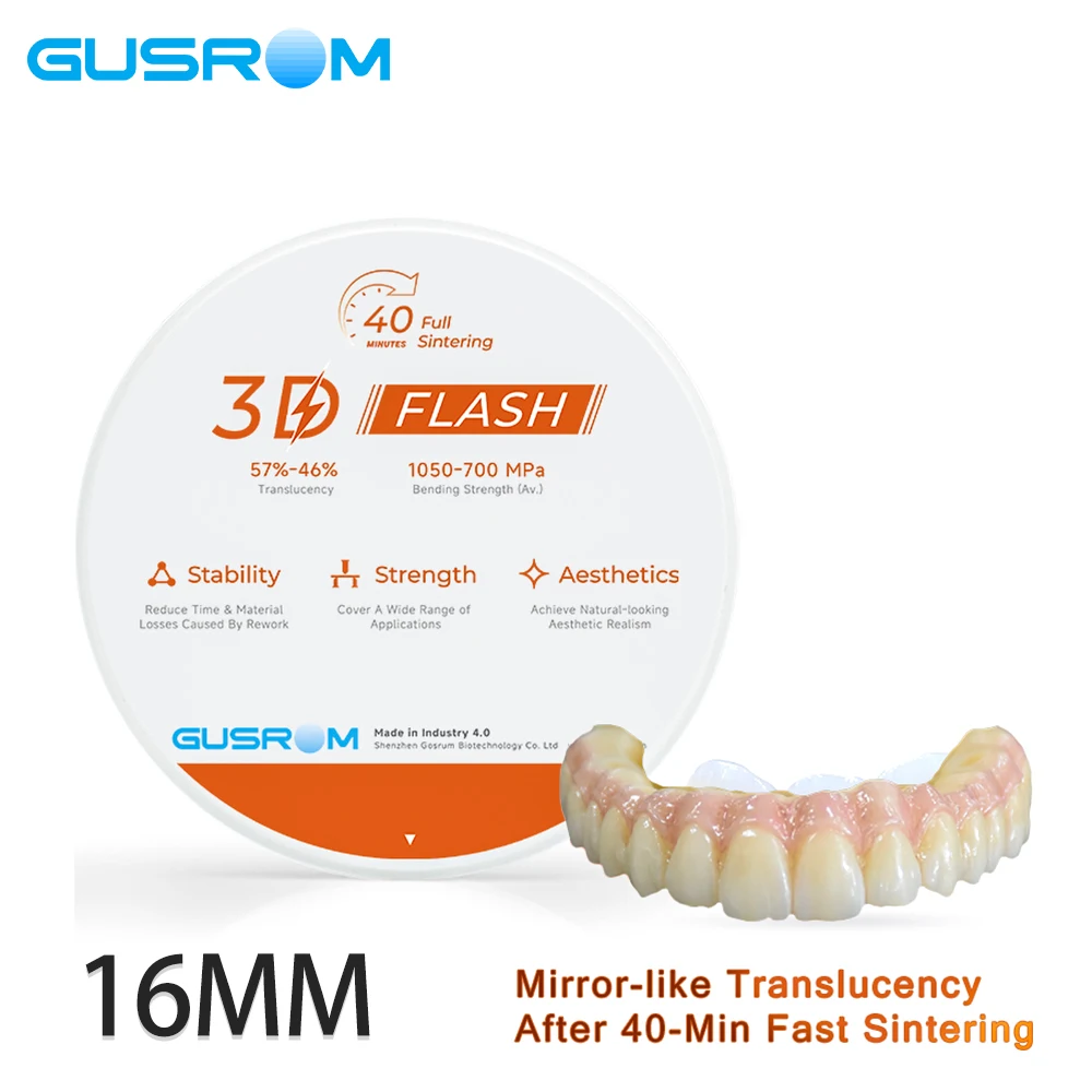 

GUSROM 3D FLASH Циркониевый блок для быстрого спекания — 40 минут, многослойный стоматологический циркониевый диск с полным спеканием 16 мм для системы CAD/CAM