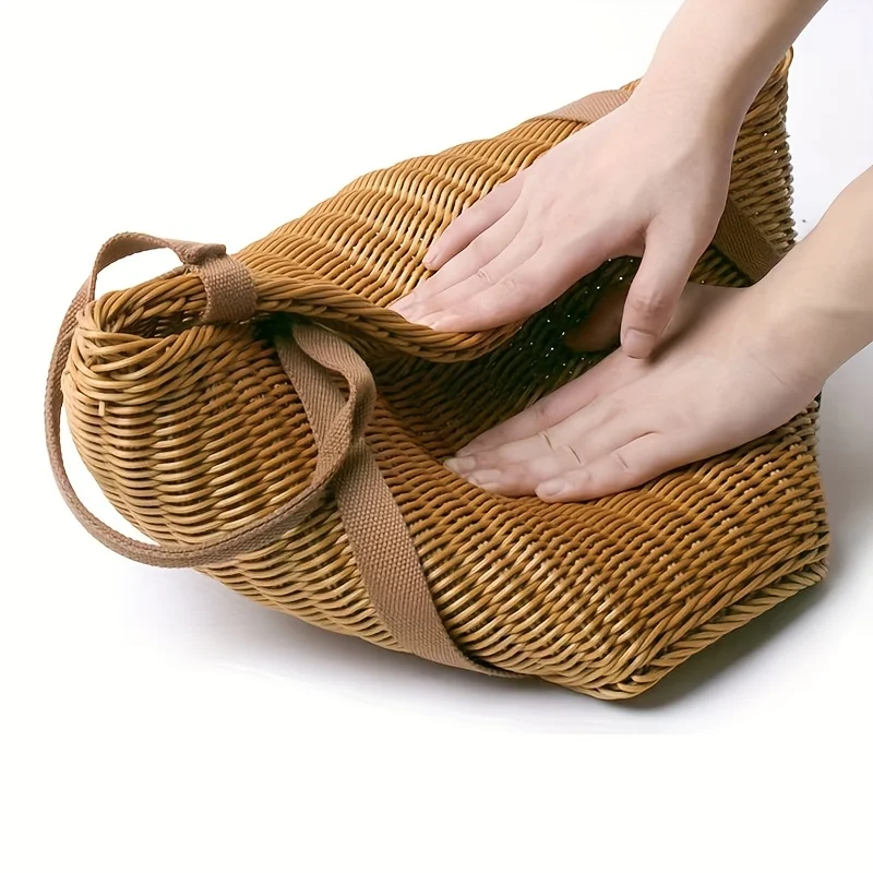 Handmade Imitation Rattan Woven Shopping Basket Large Capacity Tote for Grocery Picnic Fruit Vegetable Kitchen Storage Organizer view 6