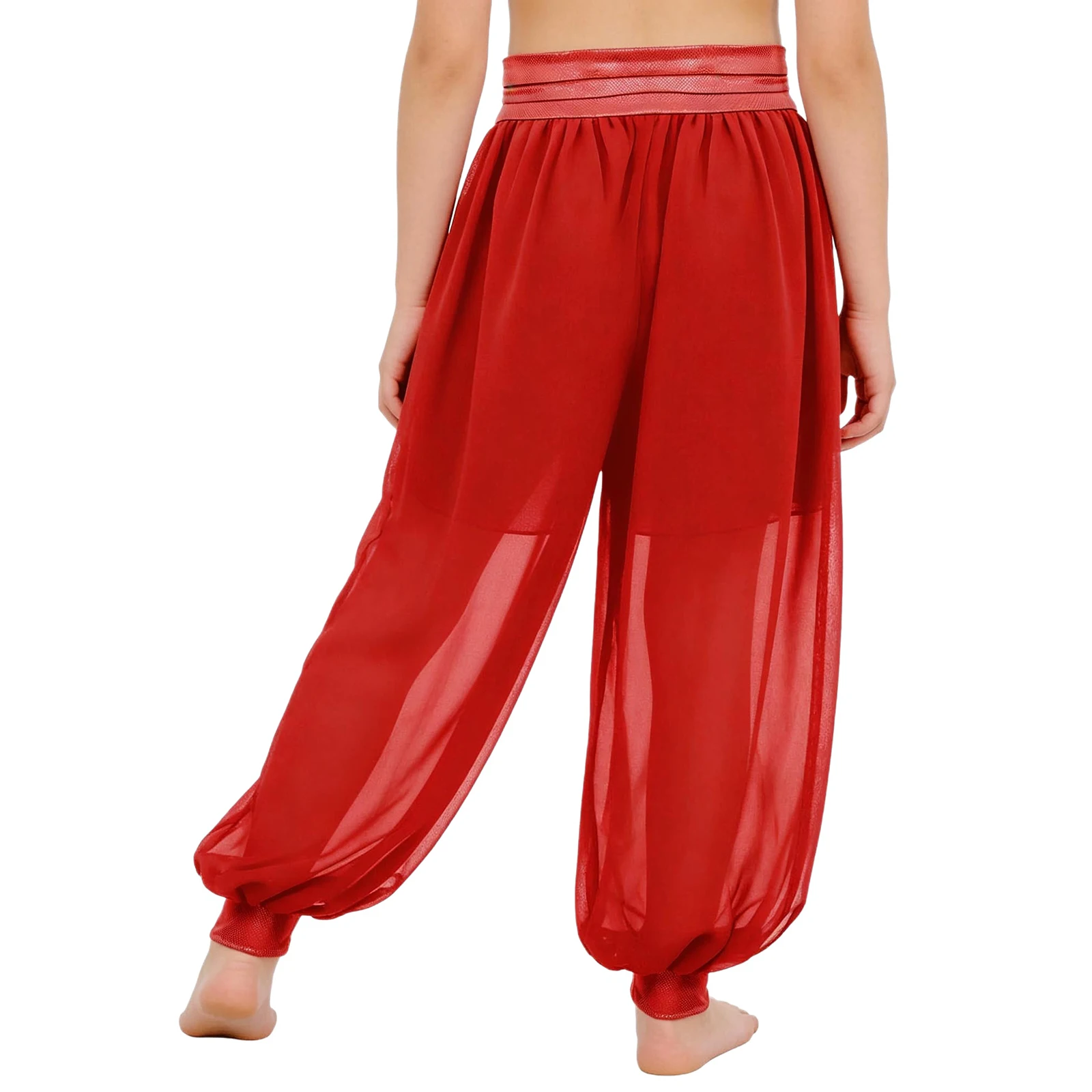 Spodnie do tańca brzucha dla dziewczynek, bloomersy, kostium na Halloween, imprezę tematyczną, karnawał, szyfonowe spodnie z marszczonym pasem z O-ringiem i rozcięciem z boku.