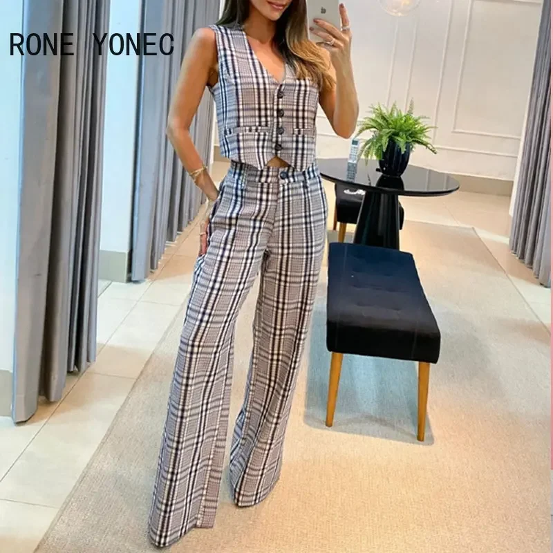 2023 Women Plaid Pattern Sleeveless Vest Button Lace Up Fake Pocket Working Blazer Vest & Pants Women Set