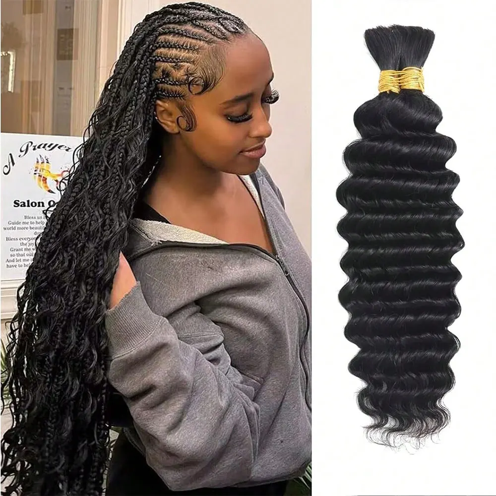 2 Bundles Bulk Human Hair Braiding Hair Boho 14 28 Inch 110G Brazilian Virgin Deep Wave Bulk Human Hair For Braiding Extensions