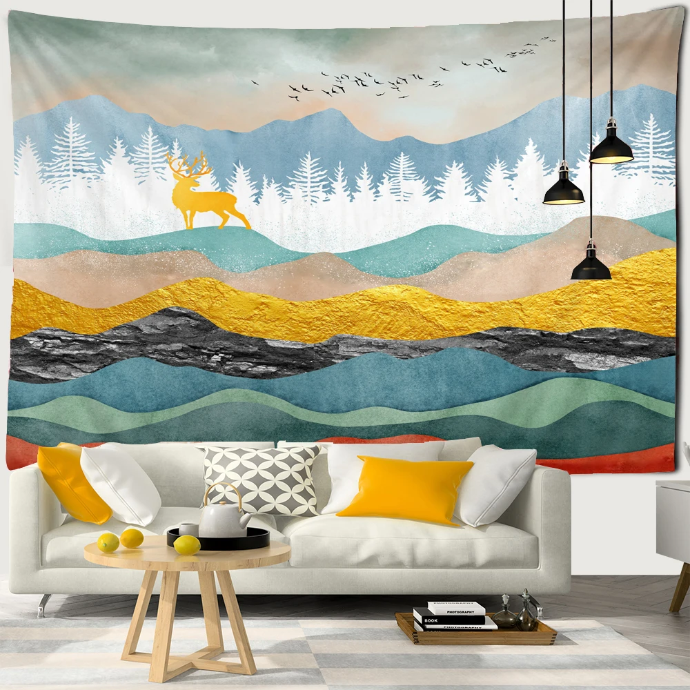 Geometric Peak And Forest Tapestry Wall Hanging Boho Aesthetic Room Landscape Painting Wall Cloth Bedroom Living Room Decor