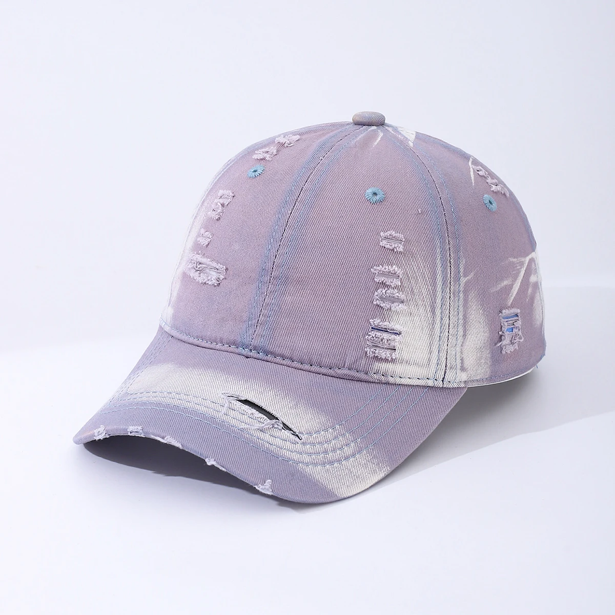 Y2K Style Washed-Out Distressed Holey Gradient Baseball Cap - Light Purple With a Gentle Vibe - Suitable for Daily Shopping
