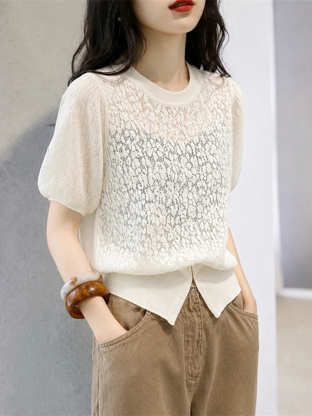 Elegant Comfortable Short Sleeve Knitwear Simple Style Women's Top Korean Version Straight Cut Basic  Color round Neck