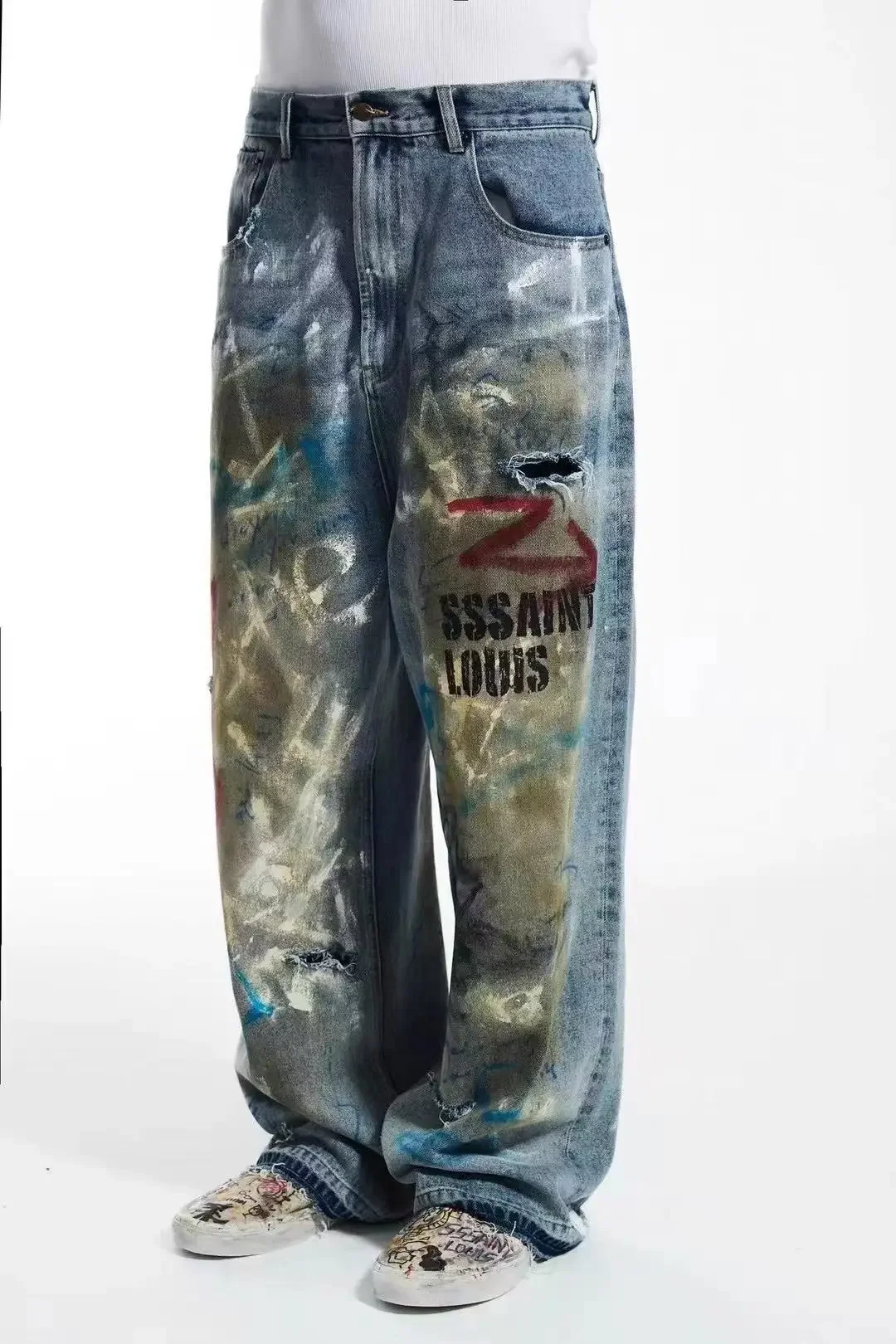 

High Quality SSSAINT LOUIS Jeans Washed Distressed Men Women Graffiti Style Vintage Loose Splashed Jeans