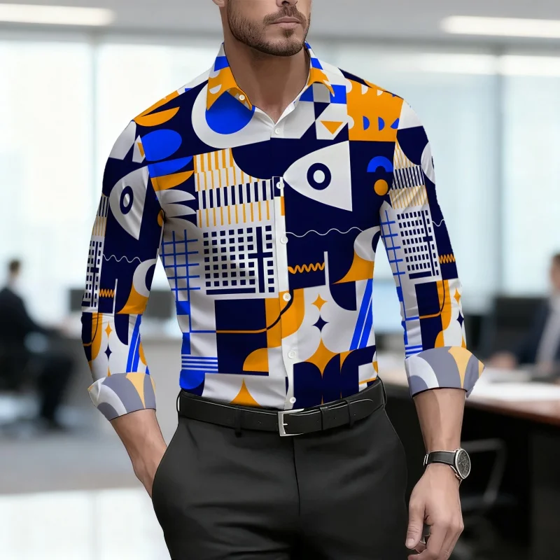 Men's Shirt Long Sleeve Spring Autumn Memphis Style Abstract Geometric Fish Shape Print Lapel Button‑Up Street Top Mens Clothing