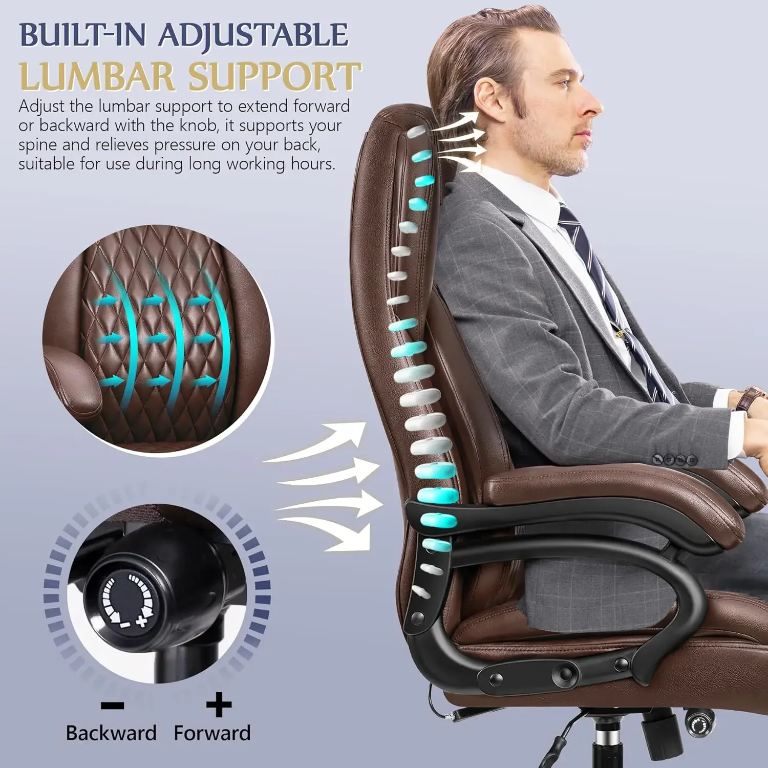 

Big and Tall Office Chair 500lbs, Heavy Duty Executive Desk Chair with Adjustable Lumbar Support, Comfy Padded Cushion.