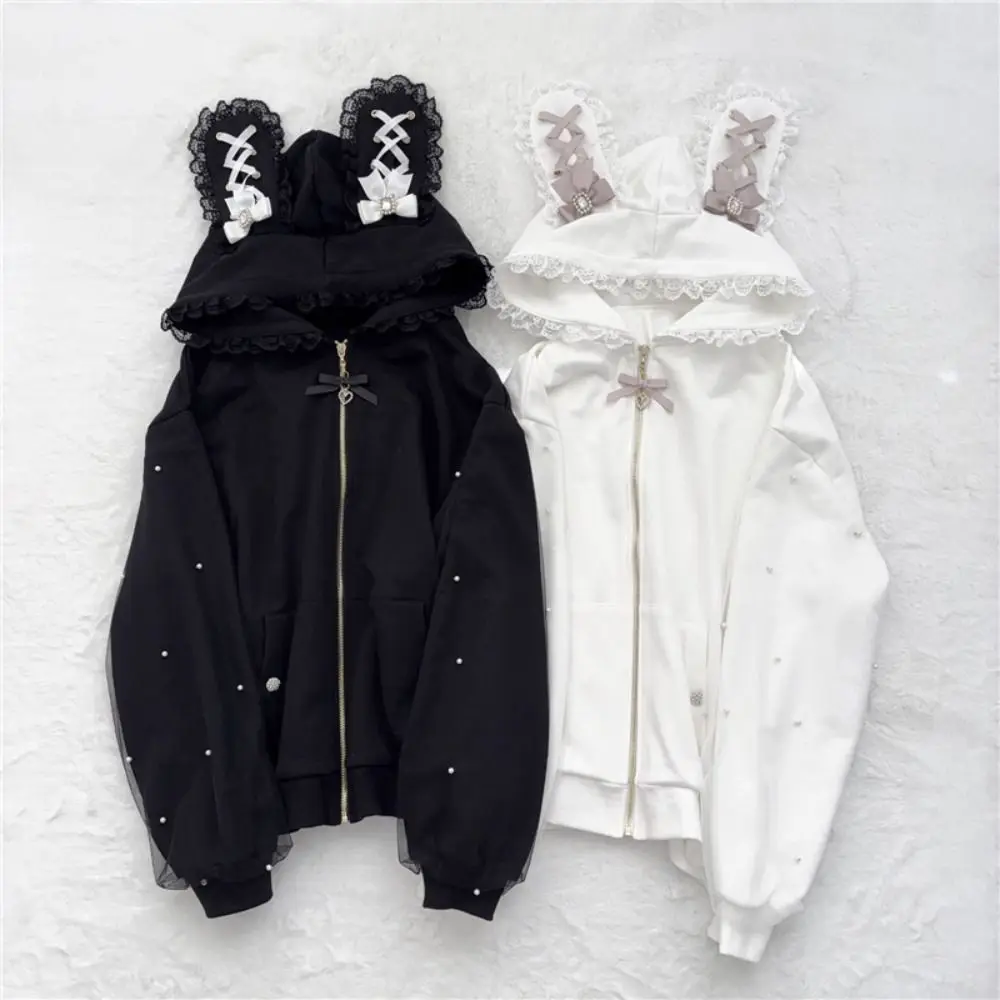 

Long Sleeve Strapped Rabbit Ear Hoodie Lolita JK Winter Autumn Cardigans Women Y2K Ladies Top Thick Warm Lace Bow Coats Female